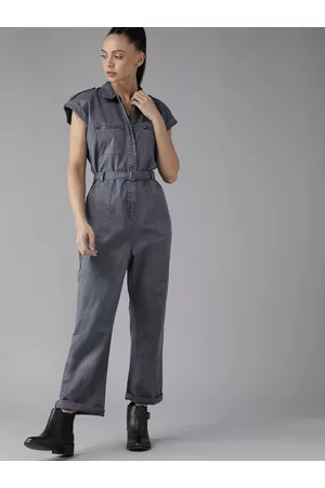 Roadster Women Charcoal Grey Solid Belted Basic Jumpsuit