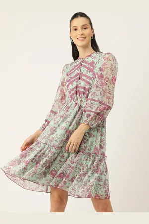 Antheaa Sea Green Floral Chiffon Dress