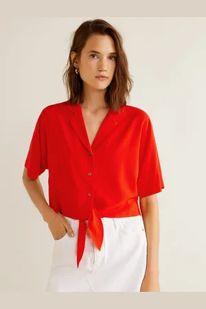 MANGO Women Red Self-Design Cropped Casual Shirt
