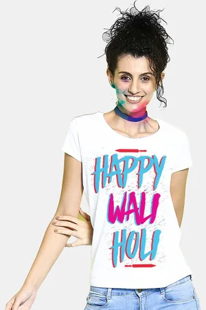 BonOrganik Women White Happy Wali Holi Printed T-shirt