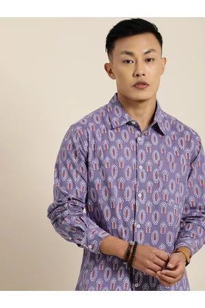 Taavi Men Purple & White Printed Bagru Folk Pure Cotton Casual Shirt