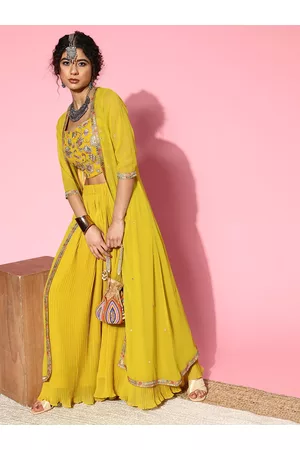 Kvsfab Women Elegant Mustard Self-Design Top with Solid Palazzos
