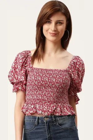 Trend Arrest Women Red & White Floral Printed Smocked Crop Peplum Top