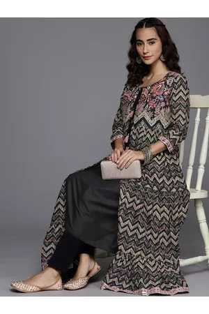 Biba Women Black & Beige Chevron Printed Anarkali Kurta