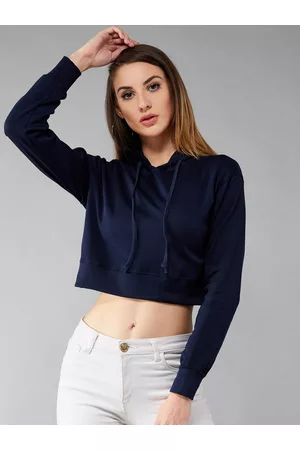DOLCE CRUDO Women Navy Blue Solid Hooded Crop Sweatshirt