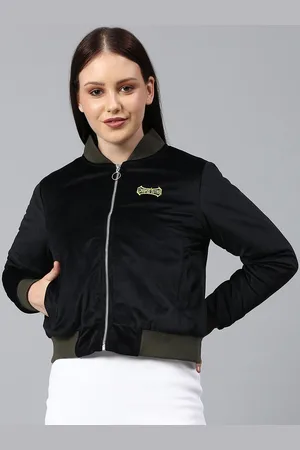 Campus Women Black Windcheater Crop Bomber Jacket