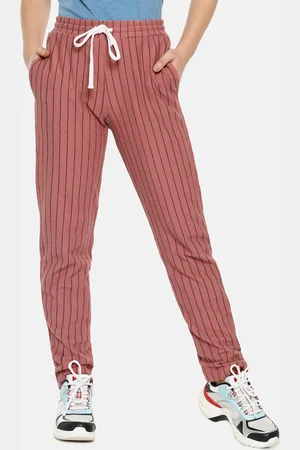 Campus Women Peach-Color & Black Striped Straight-Fit Track Pants