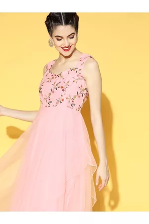 Inddus Women Pretty Pink Floral Embroidered Festive Gown
