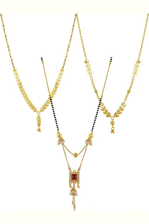 Brandsoon Set Of 3 Gold-Plated White & Red Stone Studded Black Beaded Mangalsutra