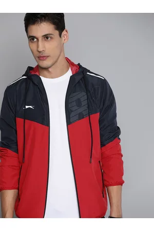 Slazenger Men Red & Navy Blue Colourblocked Reflective Strip Running Rapid-Dry Jacket