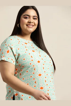 Sztori Women Plus Size Green & Orange Tribal Print Extended Sleeves Top