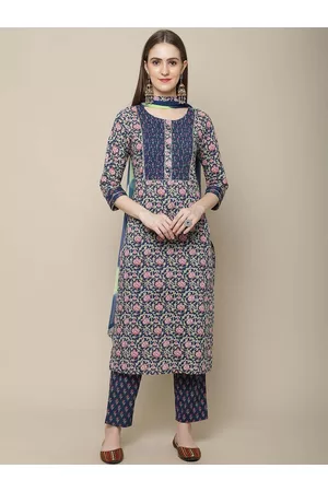 Sangria Women Navy Blue Floral Printed Pure Cotton Kurti with Trousers & With Dupatta