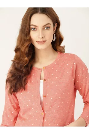 DressBerry Women Peach-Coloured & White Polka Dot Print Cardigan