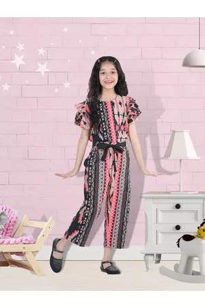 Cutiekins Girls Black & Pink Printed Ruffle Sleeves Capri Jumpsuit