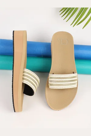 Carlton London Women Beige & White Striped Rubber Sliders