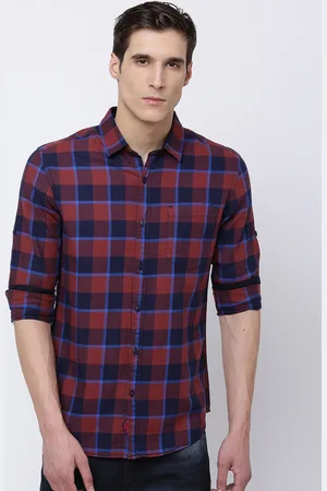 LocoMotive Men Rust & Navy Blue Slim Fit Checked Casual Shirt
