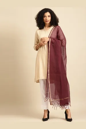 anayna Burgundy & Golden Checked Kota Doriya Dupatta