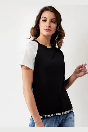 Miss Chase Women Black White Colourblocked Round Neck Pure Cotton T-shirt
