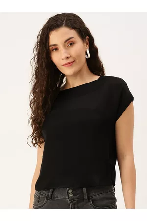 Flying Machine Women Black Solid Boat Neck Regular Top
