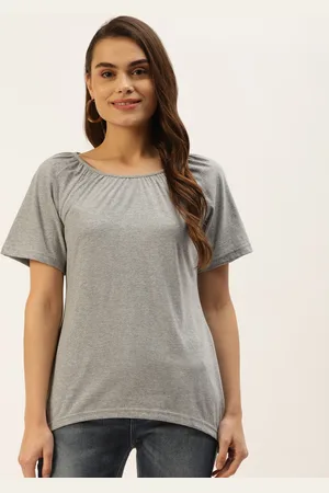 BRINN Grey Melange Solid Pure Cotton Curved Hem Top