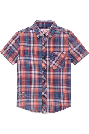 UNDER FOURTEEN ONLY Boys Navy Blue & Orange Tartan Checked Cotton Casual Shirt