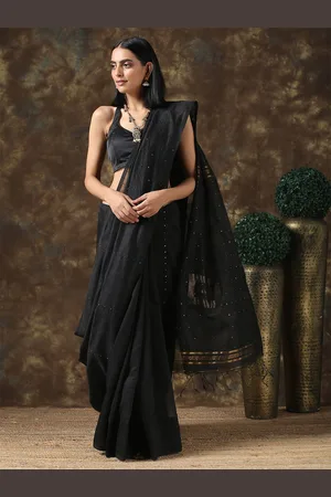 Triyah Black & Gold-Toned Woven Design Sequinned Silk Cotton Saree