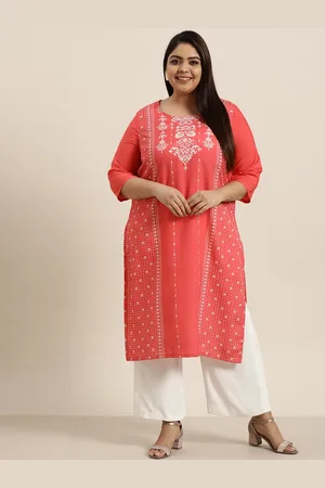 Sztori Women Plus Size Coral Pink Ethnic Motifs Printed Kurta