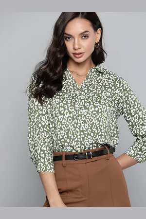 Chemistry Women Olive Green Leopard Print Roll-Up Sleeves Top