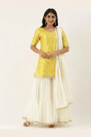 Ethnovog Women Yellow White Embroidered Kurti with Sharara Dupatta