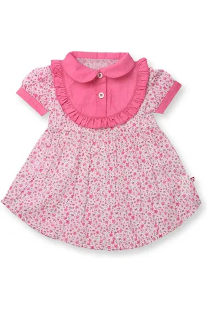 Nino Bambino Girls Pink & White Peter Pan Collar With Ruffled Detail Organic Cotton Dress