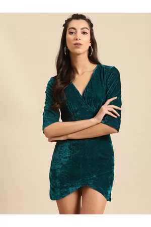 DODO & MOA Women Teal Blue Solid Velvet Finish Mini Wrap Dress