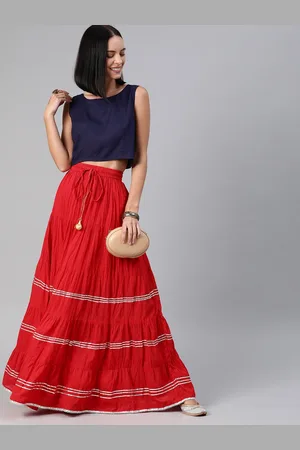 Jaipur Hand Crafted flared Red Pure Cotton Skirt with Blue Crop Top
