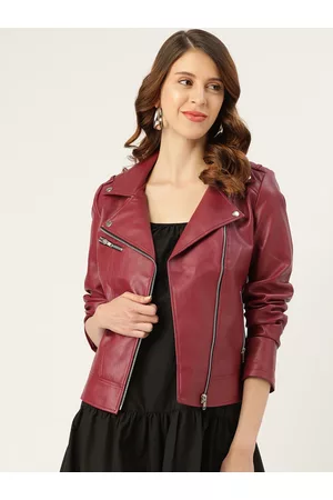 Leather Retail Women Maroon Solid Lightweight Leather Jacket
