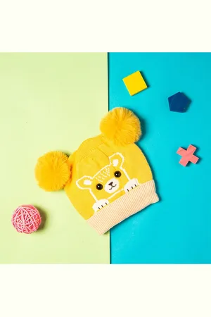 Baby Moo Kids Yellow & White Bear Woolen Beanie