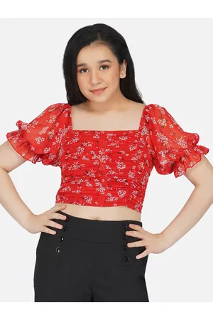 Antheaa Girls Red Floral Print Chiffon Ruched Crop Top