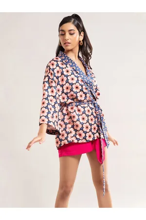 20Dresses Women Blue & Orange Floral Printed Longline Tailored Jacket