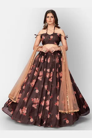 SHOPGARB Brown & Red Printed Semi-Stitched Lehenga & Unstitched Blouse With Dupatta