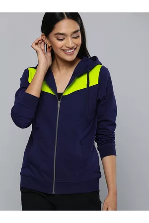 HERE&NOW Women Navy Blue Solid Hooded Sweatshirt