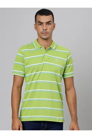 Richlook Men Green & White Striped Polo Collar Slim Fit T-shirt