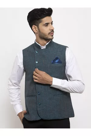 KLOTTHE Men Blue Woven Design Pure Cotton Nehru Jacket