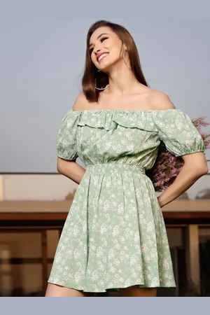 Sera Women Green & White Floral Printed Off-Shoulder Dress