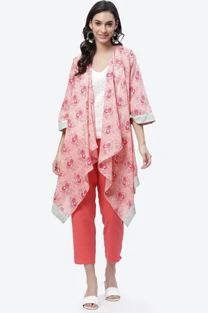 Biba Women Pink & White Printed Longline Waterfall Fusion Shrug