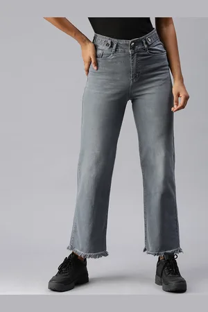 SHOWOFF Women Grey Wide Leg High-Rise Heavy Fade Stretchable Jeans