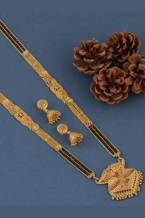 Brandsoon Gold-Plated & Black Beaded Mangalsutra With Earrings