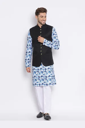 Hangup Men Floral Printed Kurta with Pyjamas & With Nehru Jacket