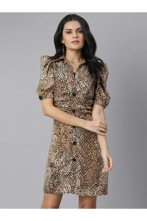 KASSUALLY Women Beige & Brown Animal Printed Crepe Shirt Dress