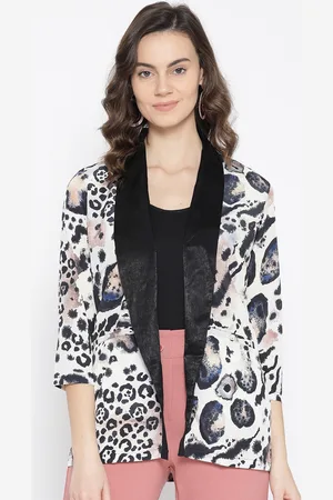 Erotissch Women Off-White & Black Animal Print Open Front Jacket with Satin Finish