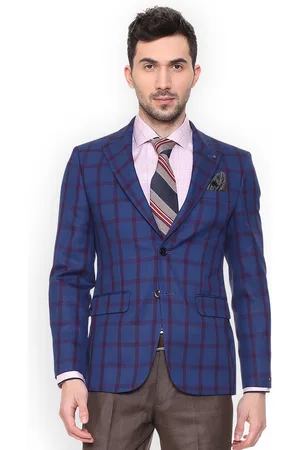 Louis Philippe Men Blue Checked Slim-Fit Single-Breasted Blazer