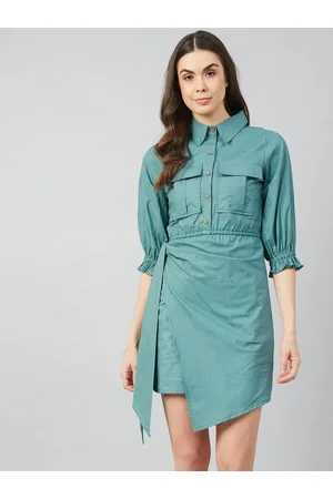 ATHENA Women Green Cotton Shirt Dress