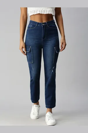SHOWOFF Women Blue Straight Fit High-Rise Low Distress Light Fade Stretchable Jeans